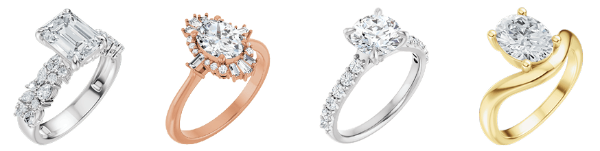 Assorted engagement ring styles including emerald cut, halo, and solitaire diamond rings
