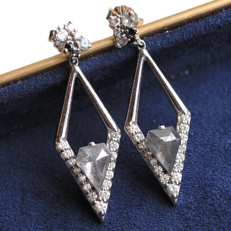 Geometric drop earrings featuring gray gemstones and diamond accents