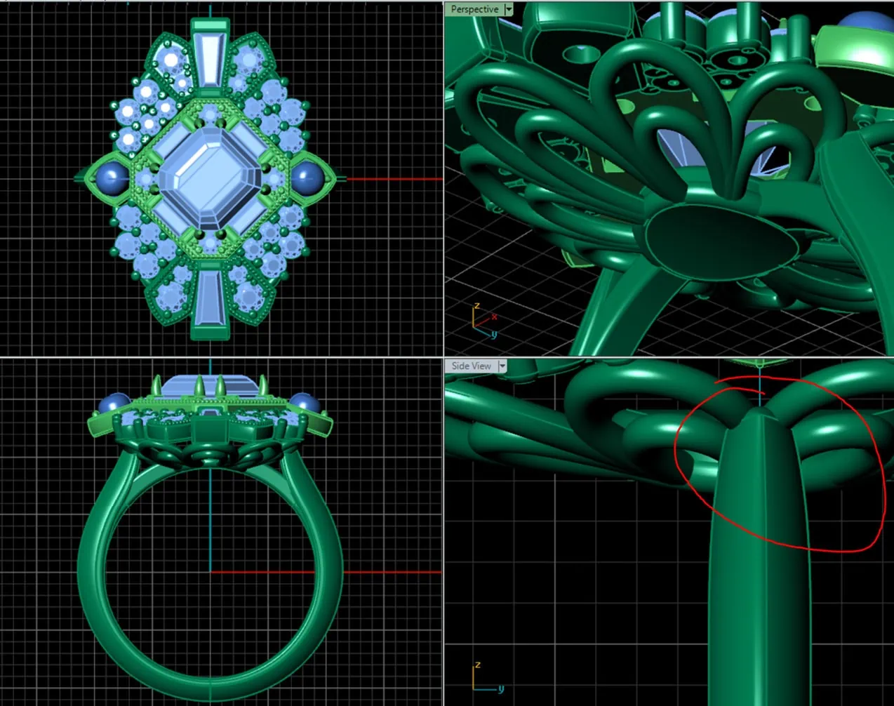 CAD rendering of a custom ring design showing gemstone placement and structural details